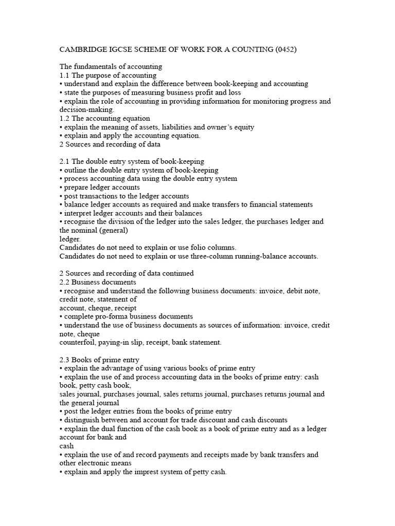 Cambridge IGCSE Accounting Scheme 0452 | PDF | Debits And Credits ...