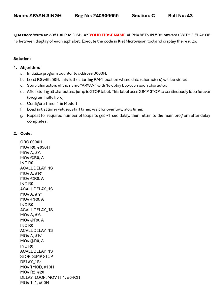 8051 ALP to Display Name with Delay | PDF