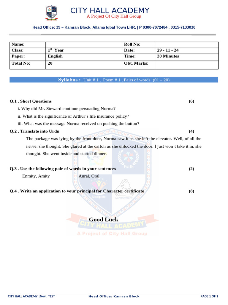 1st Year English Test | PDF