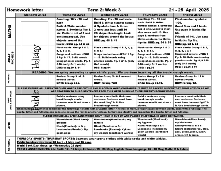 Term 2 Week 3 Homework Overview | PDF | Phonics | Learning Methods
