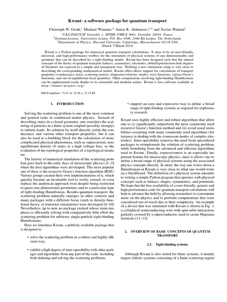 Kwant: Python Tool for Quantum Transport | PDF | Wave Function | Matrix ...