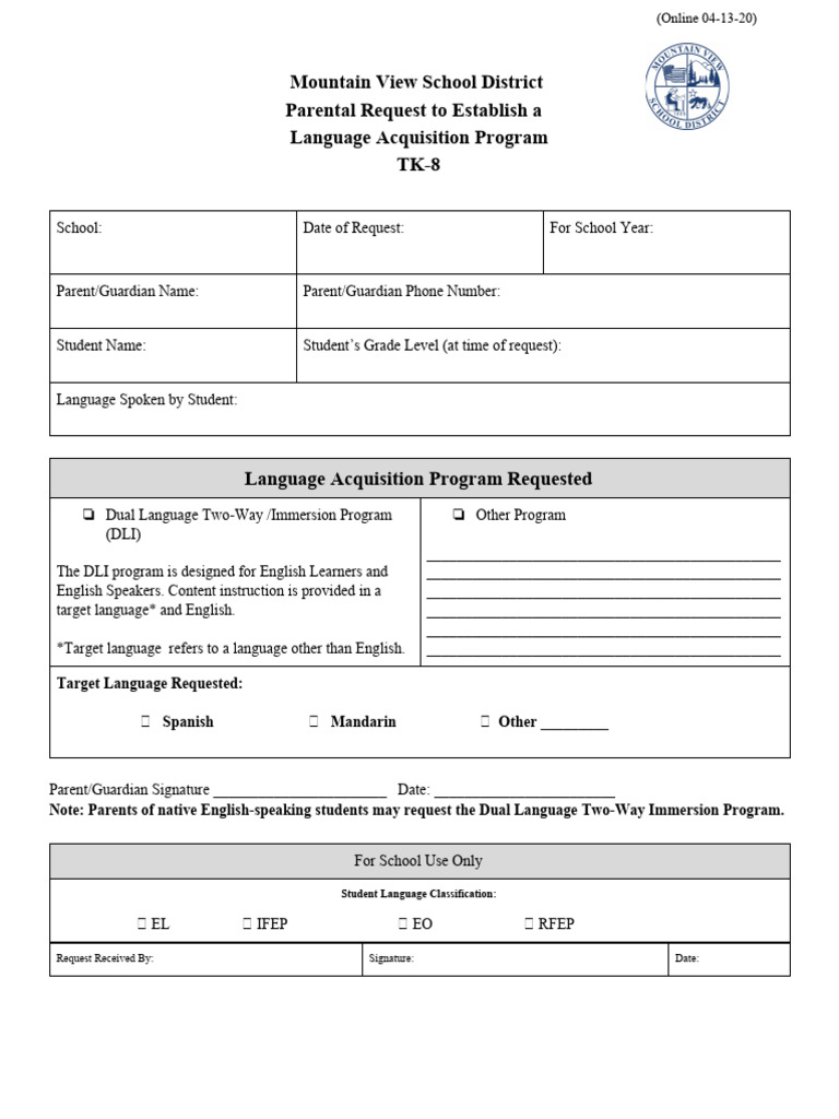 B5 - Parental Request To Establish A Language Acquisition Program Form ...