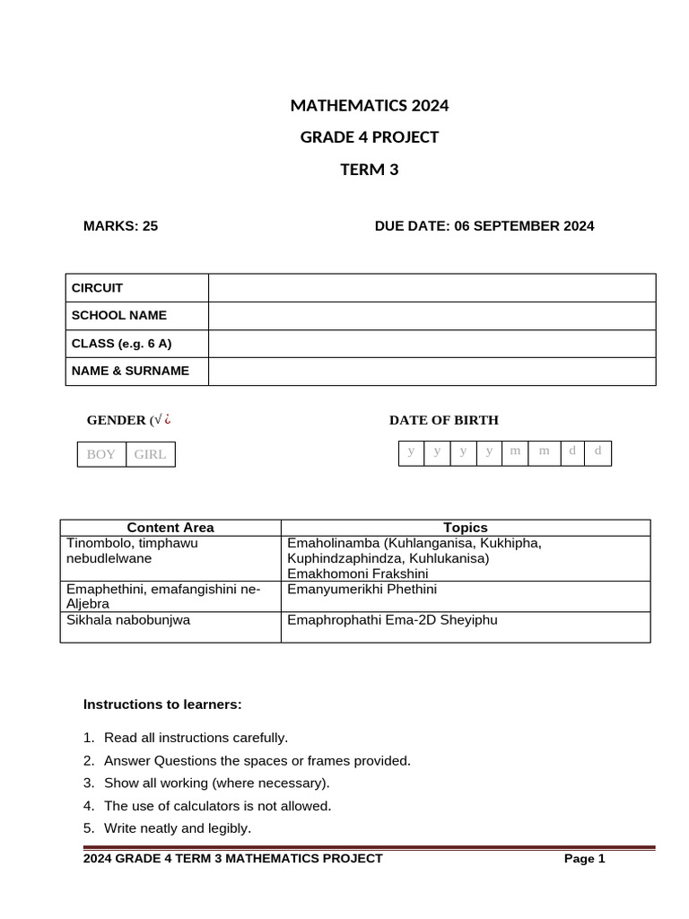 Grade 4 Siswati Mathematics Project | PDF | Mathematics