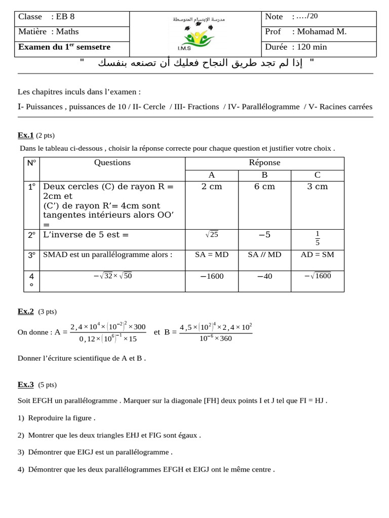 Examen Maths EB8 avec Correction | PDF | Mathématiques | Mathématiques ...