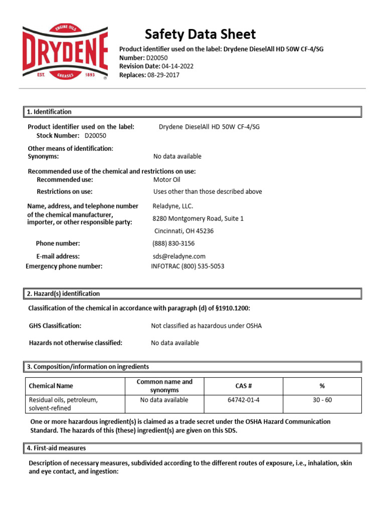 SDS Drydene DieselAll HD 50W | PDF | Dangerous Goods | Combustion