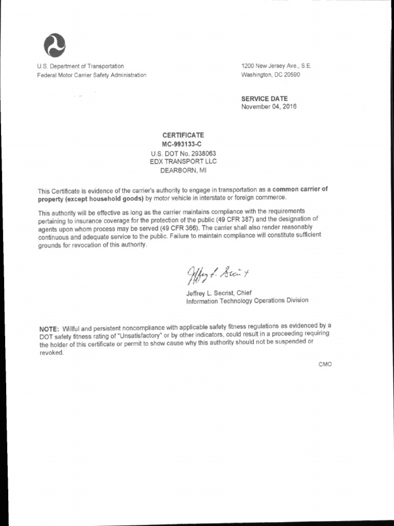 DOT Authority Letter | PDF