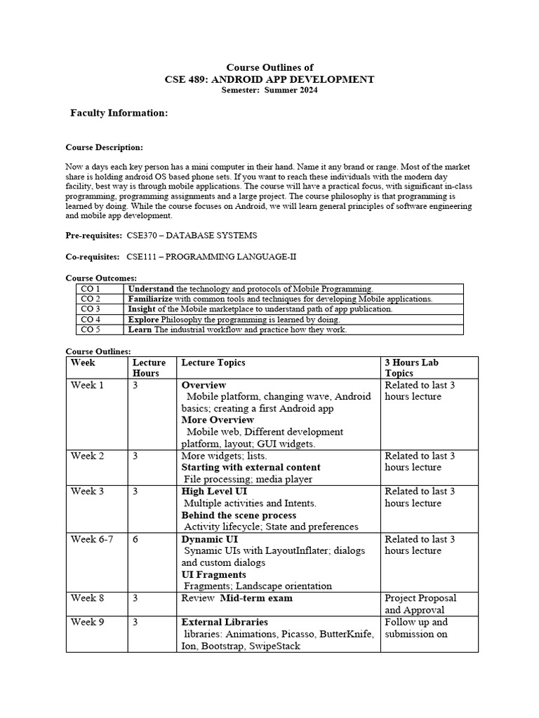 CSE 489: Android App Development Outline | PDF | Databases | Mobile App