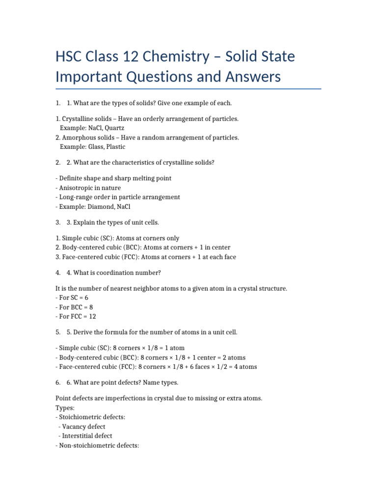HSC Class 12 Chemistry: Solid State Q&A | PDF