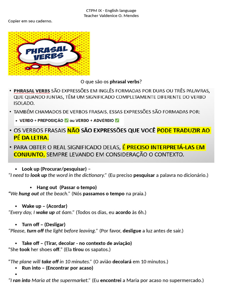 Phrasal Verbs em Inglês: Exemplos e Atividades | PDF | Gravação de som ...
