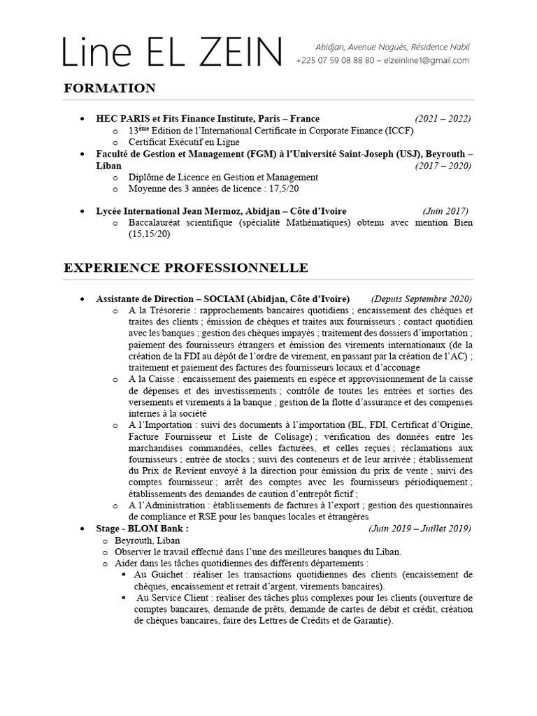 CV de Line EL ZEIN - Finance et Management | PDF | Banques | Services ...
