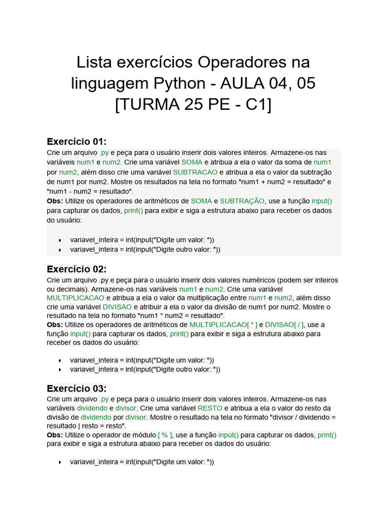 Exercícios de Aritmética em Python | PDF | Exponenciação | Python ...