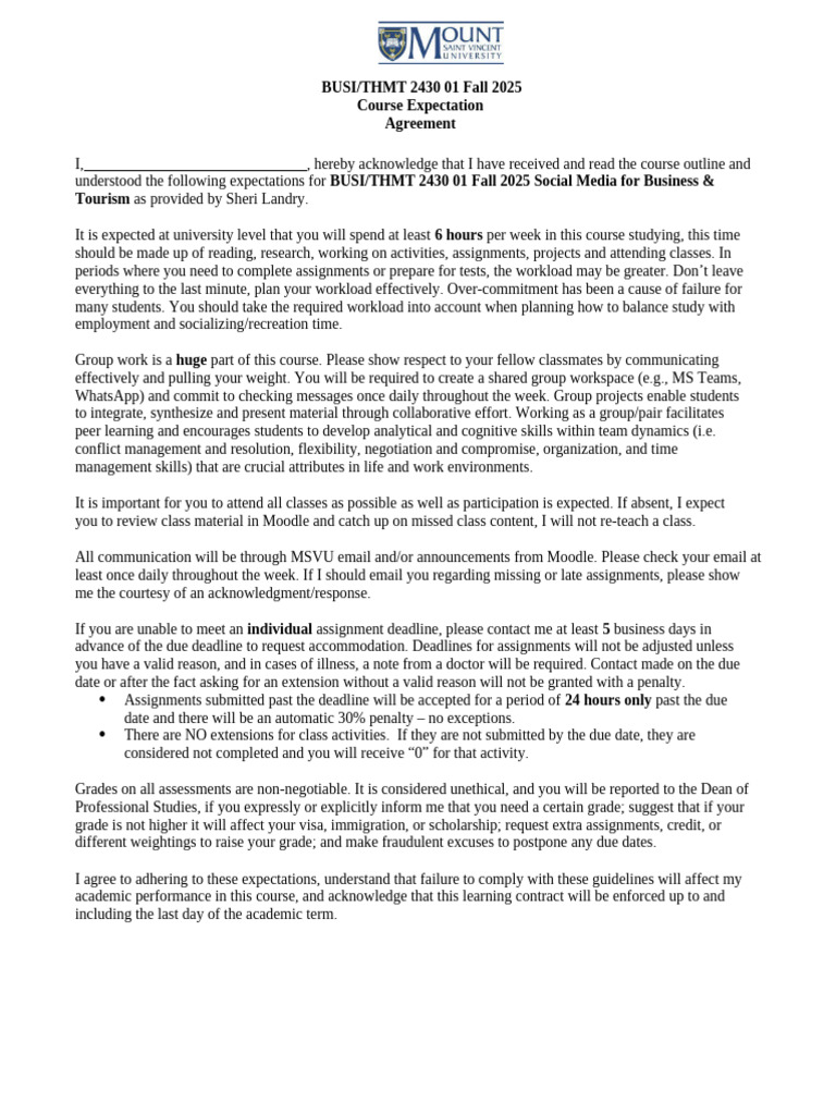 BUSI/THMT 2430 Course Expectations | PDF | Cognition