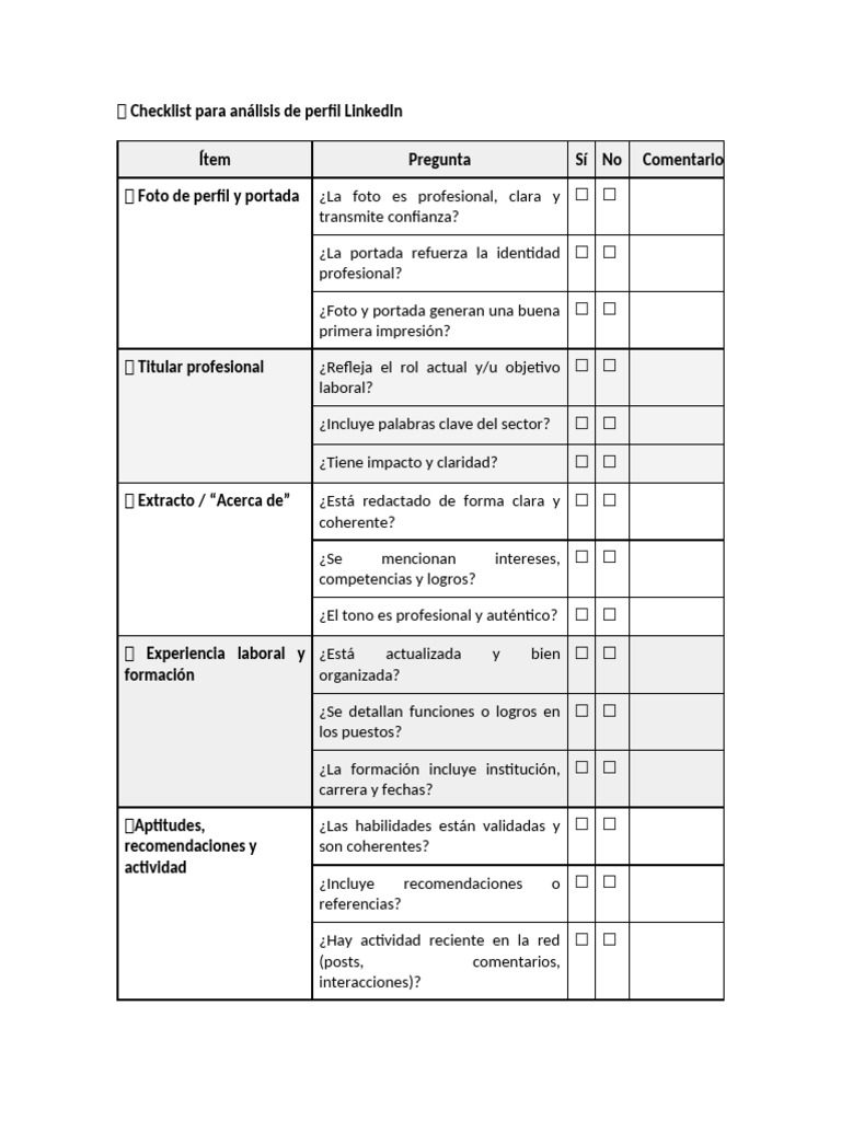 Checklist para análisis de perfil LinkedIn | PDF