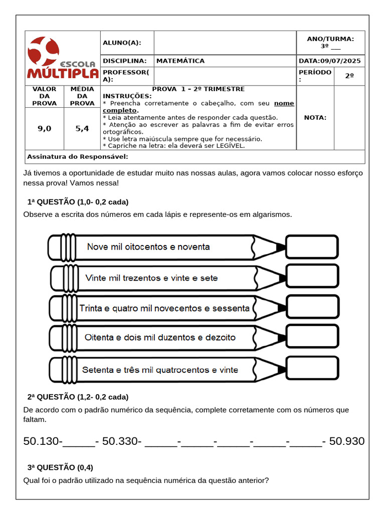 Prova de Matemática 3º Ano - 2º Trimestre | PDF