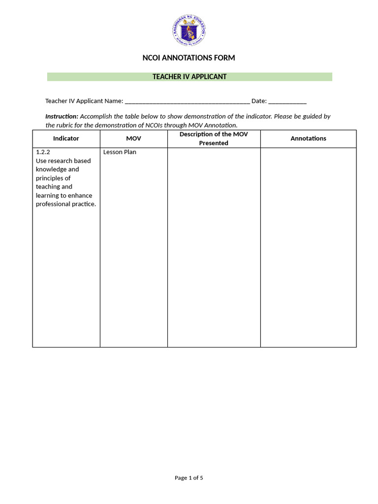 NCOI Annotation Form for Teacher IV | PDF | Teachers | Learning
