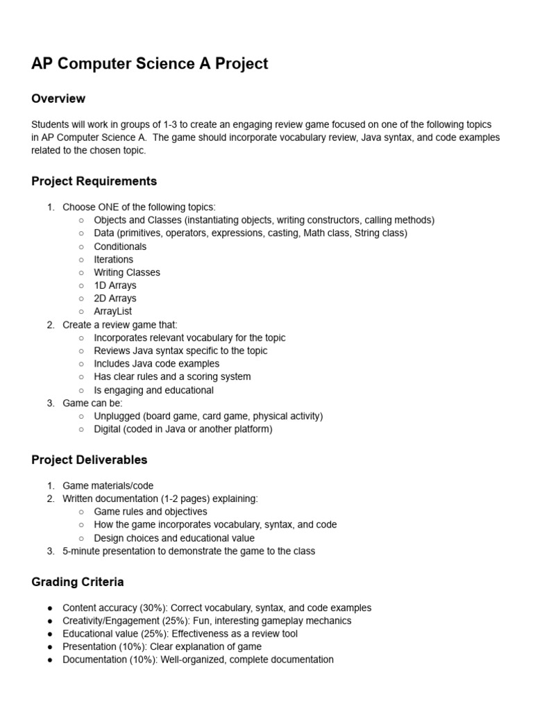AP CSA Review Game Project Guide | PDF | Computer Science | Computing