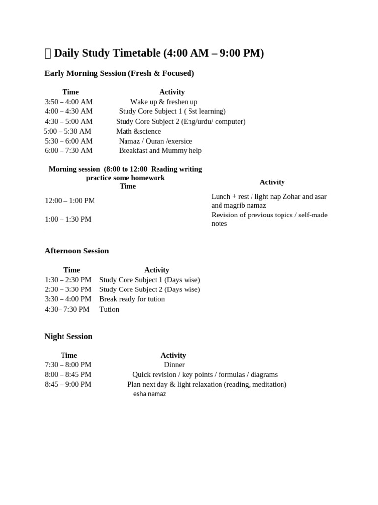 Daily Study Timetable for Students | PDF