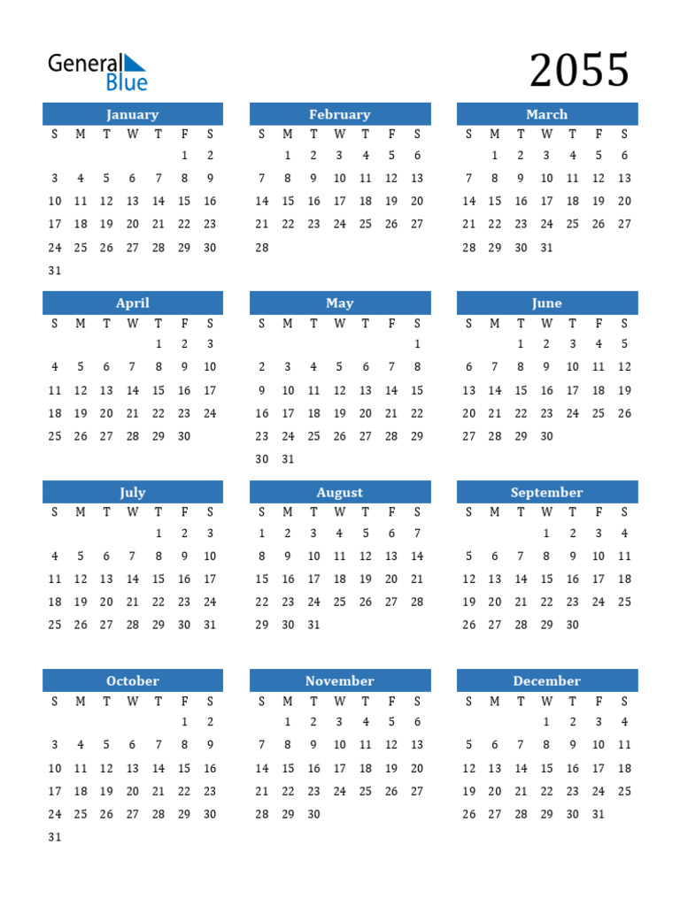 2055 Calendar Portrait Sunday Start | PDF