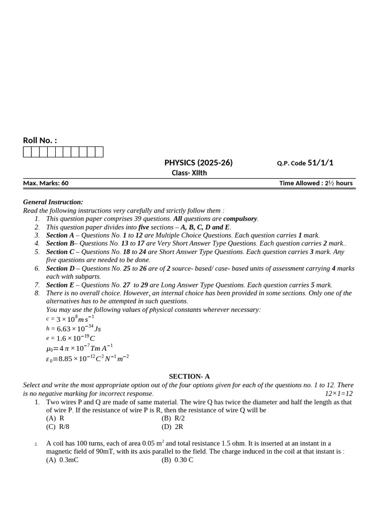 Class XII Physics Question Paper 2025-26 | PDF | Magnetic Field | Capacitor