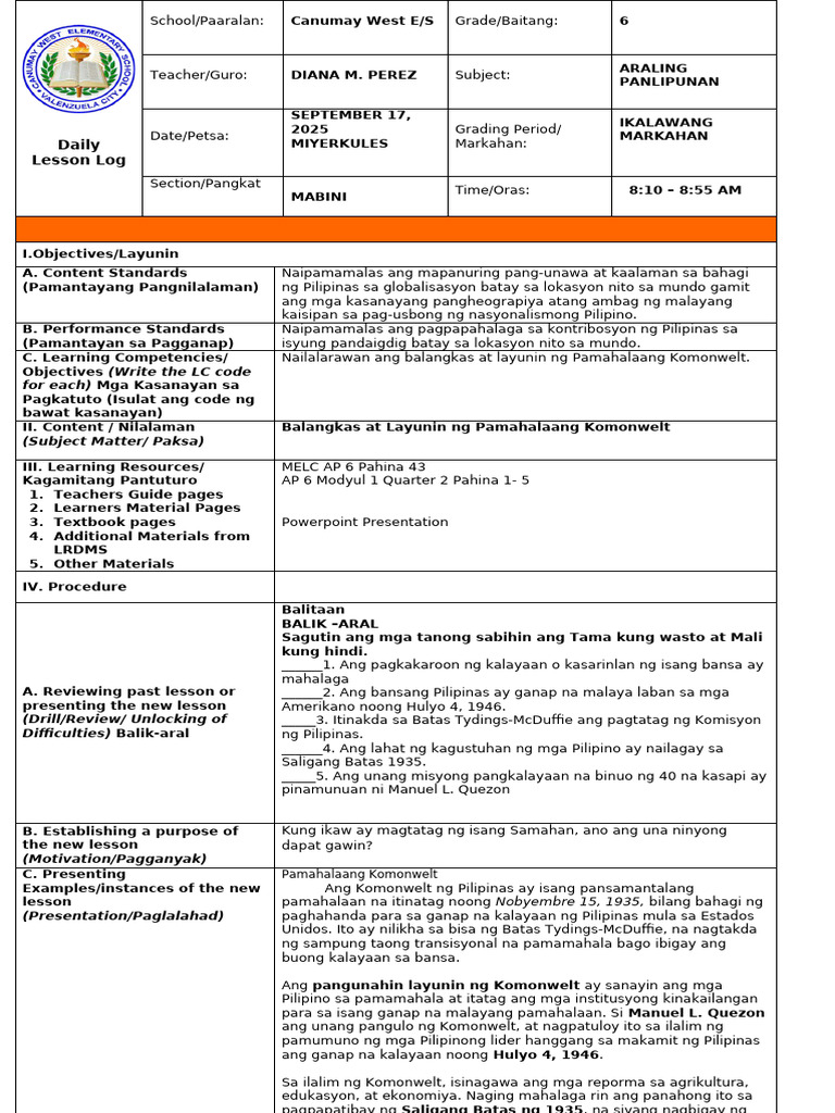 Ap 6 Quarter 2 Layunin at Balangkas NG Pamahalaang Komonwelt | PDF