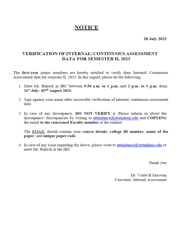 NOTICE For IA Verification Semester II 2023 | PDF