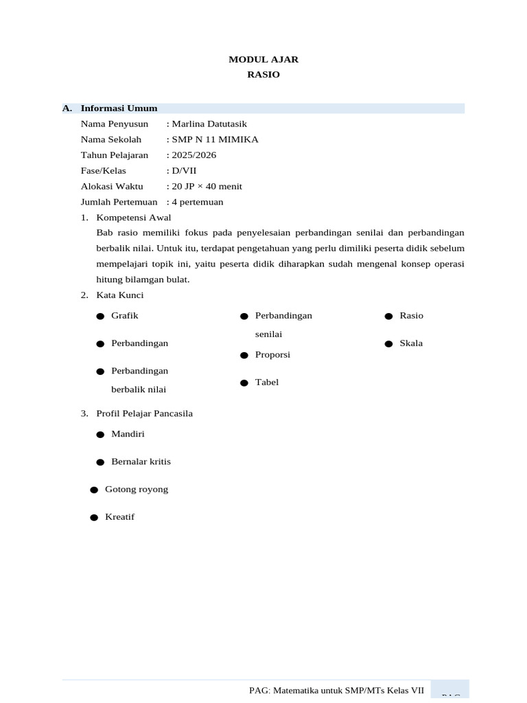 Modul Ajar Matematika: Rasio SMP VII | PDF