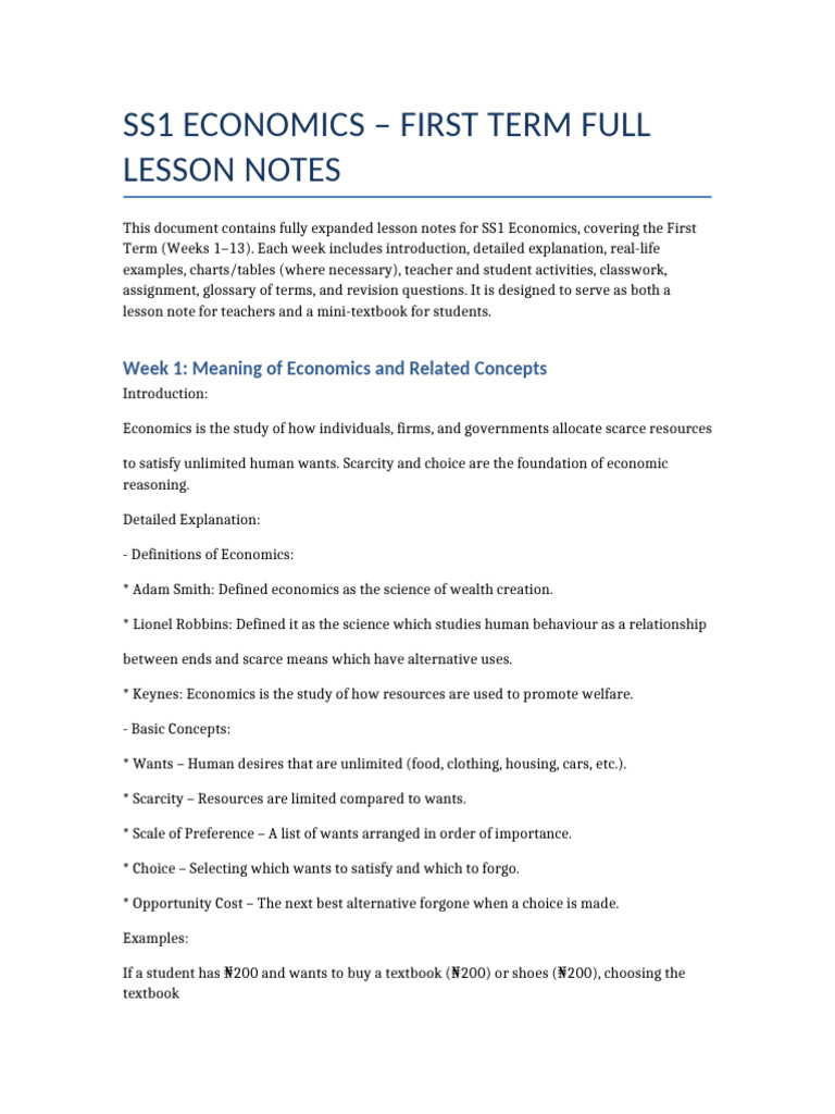 SS1 Economics First Term Lesson Notes | PDF | Economics | Economic Theories
