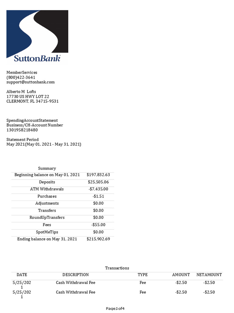 Sutton Bank Check Statement Summary | PDF | Banks | Cash