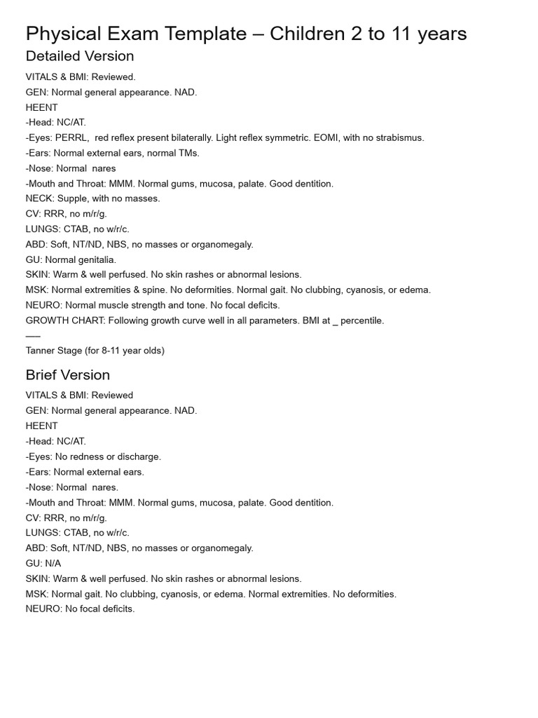 Pediatric Physical Exam Template | PDF
