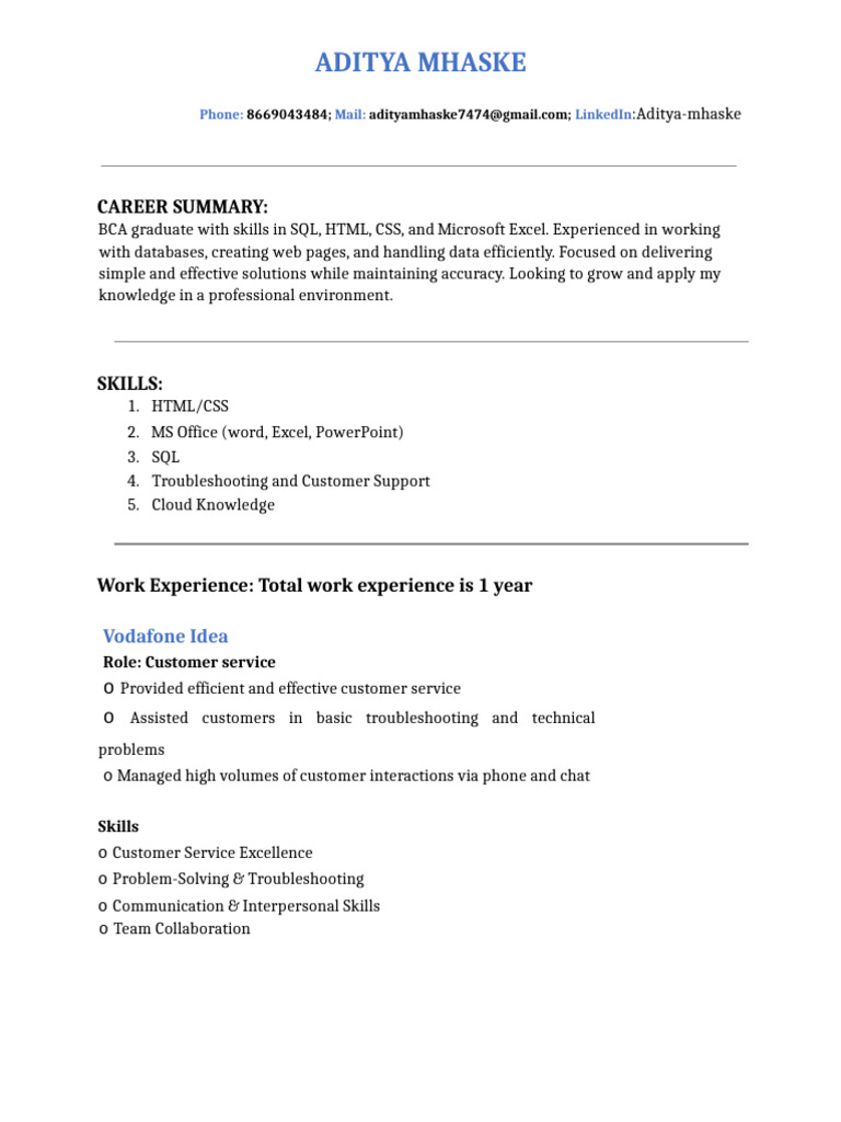 BCA Graduate with SQL and HTML Skills | PDF
