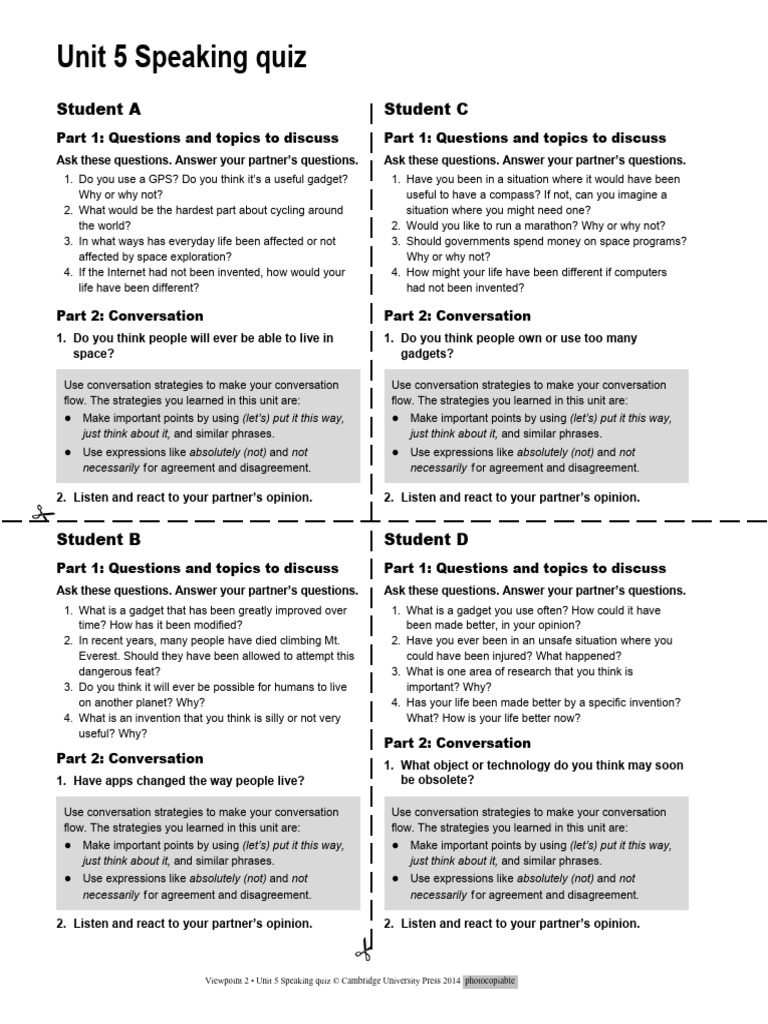 Unit 5 Speaking Quiz: Gadgets & Space | PDF | Communication | Human ...
