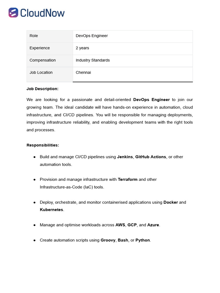 JD - DevOps Engineer | PDF