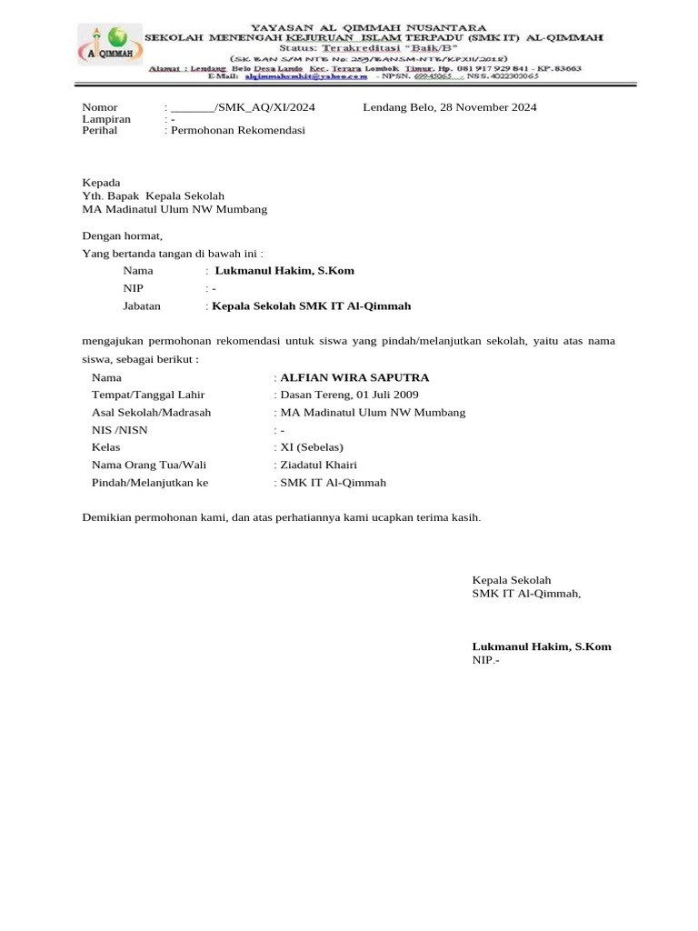 Contoh Permohonan Rekom Dan Surat Keterangan Pindah | PDF