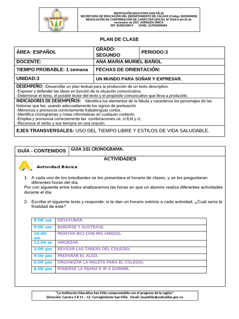 Plan de Clase de Español para Segundo Grado | PDF | Aprendizaje