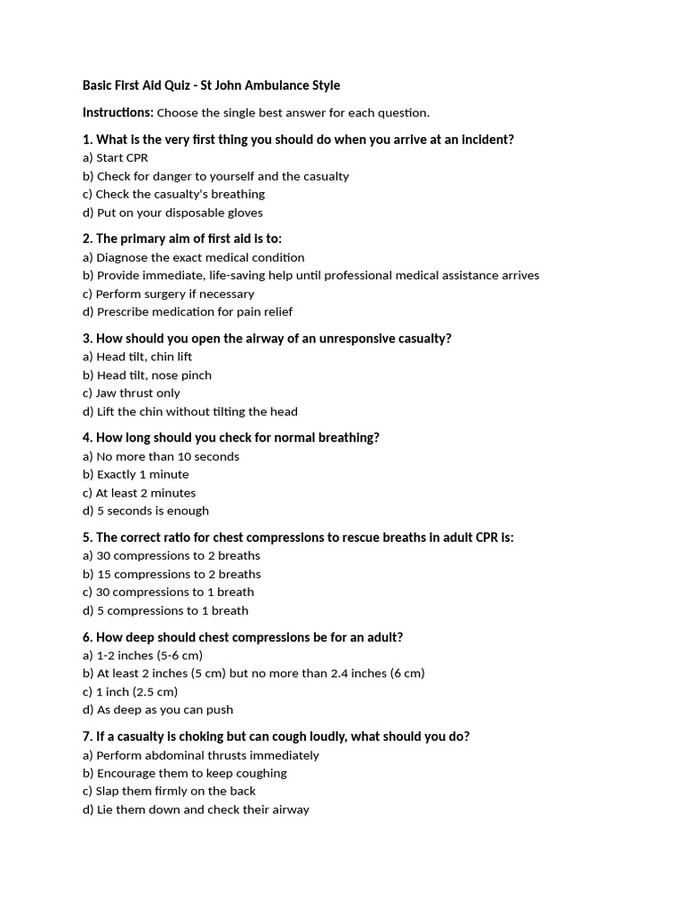 First Aid Quiz: Key Questions & Answers | PDF | Cardiopulmonary ...