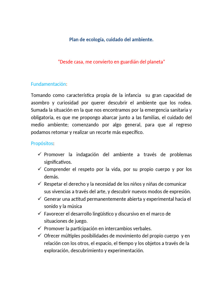 Plan de Cuidado del Medio Ambiente Infantil | PDF | Entorno natural ...