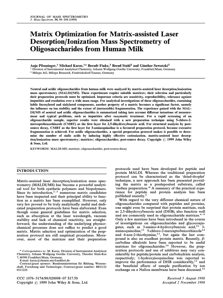 MALDI/MS Matrix Optimization for Oligosaccharides | PDF | Mass ...