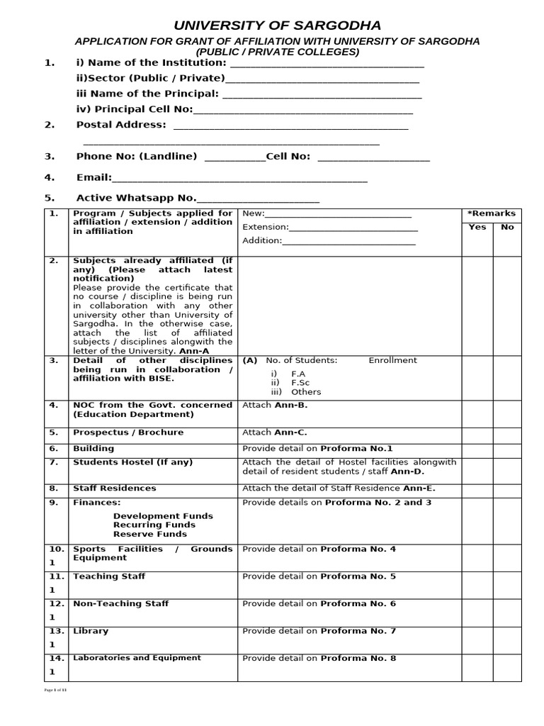 University of Sargodha Affiliation Application | PDF