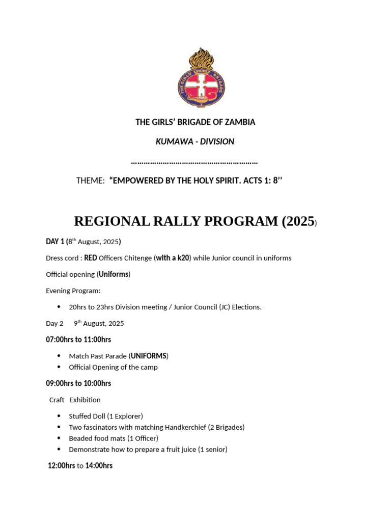 Girls' Brigade Zambia Rally 2025 Program | PDF