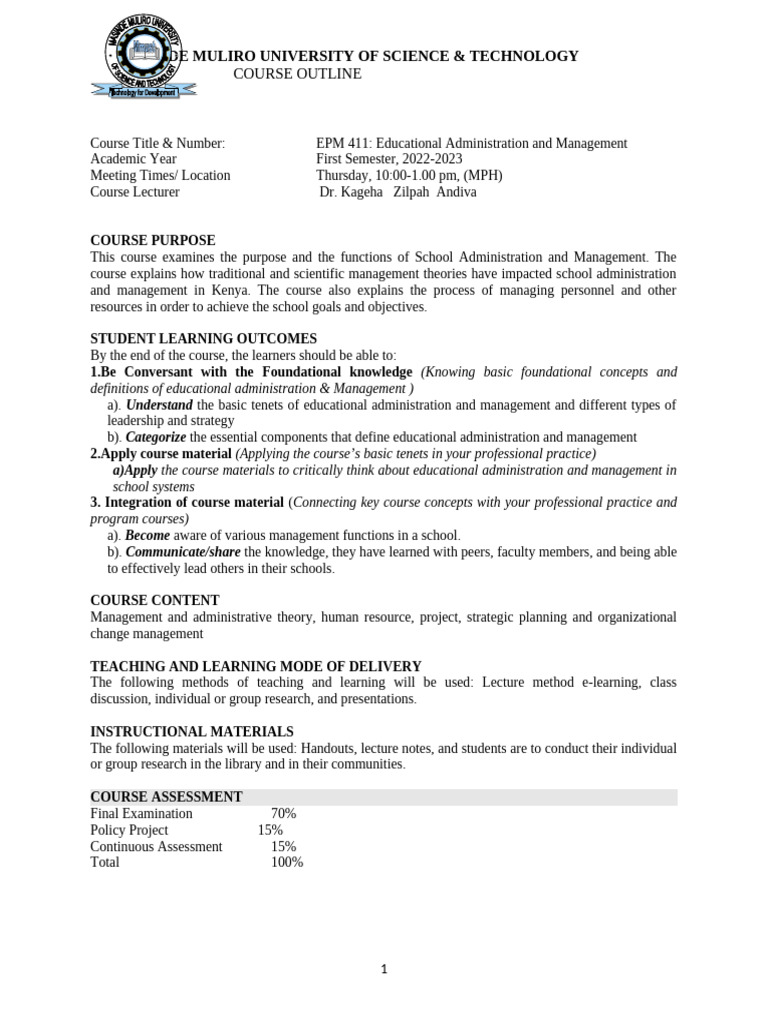 EPM 411 Revised Course Outline Improved SEPT. 2022 | PDF | Learning ...