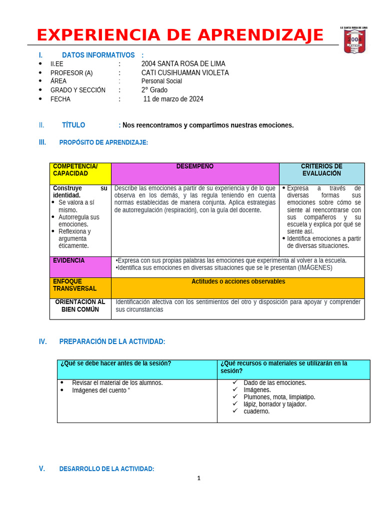 Actividad de emociones en 2° grado | PDF | Las emociones | Aprendizaje