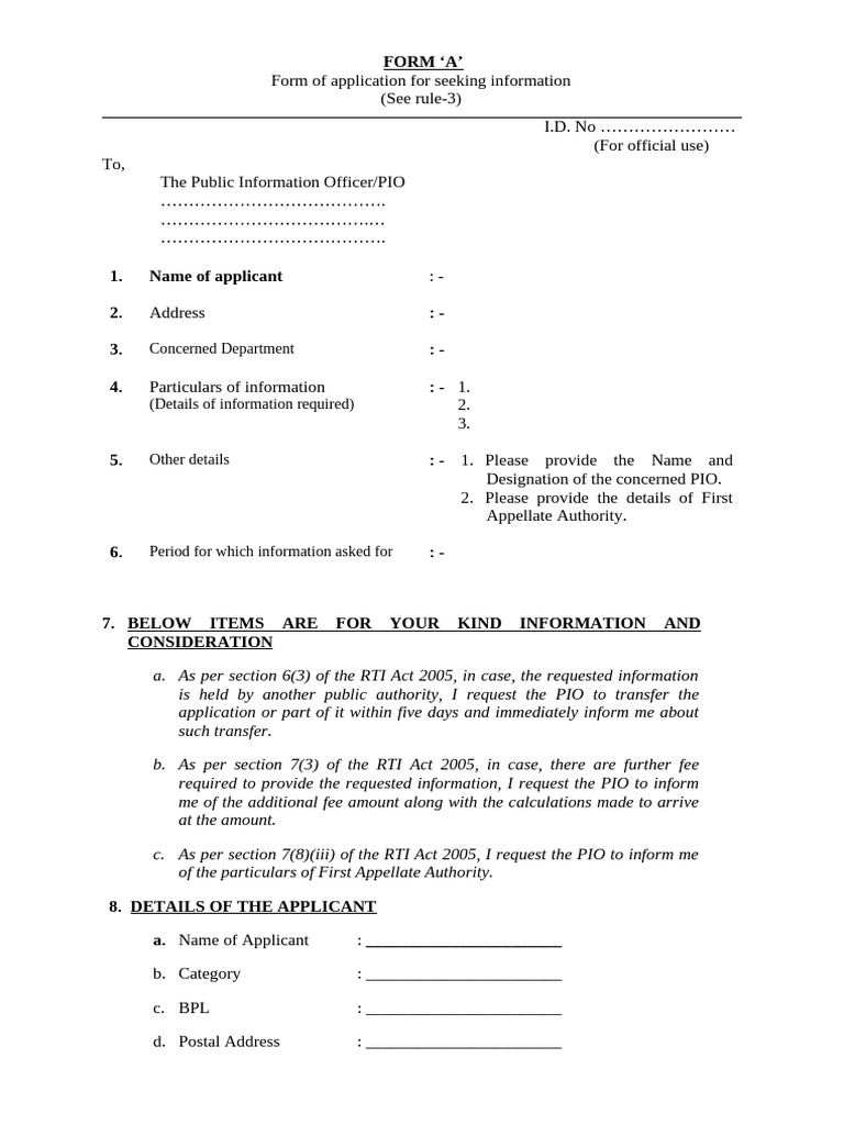 RTI Application Form A Template | PDF | Government | Justice