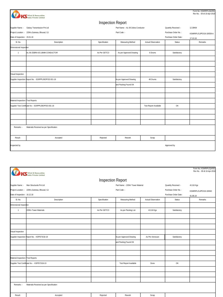 Inspection Reports for 220kV Project Materials | PDF | Quality