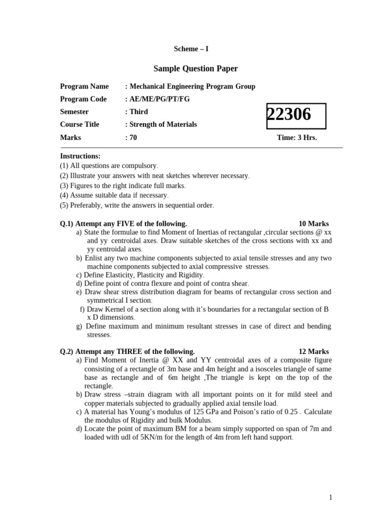 Strength of Materials Sample Question Paper | PDF | Young's Modulus ...