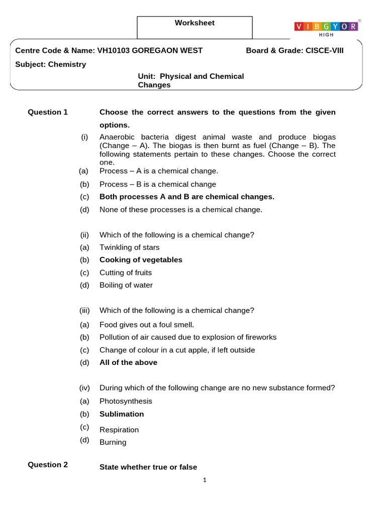 8th Grade Chemistry Changes Worksheet | PDF | Sodium Carbonate ...