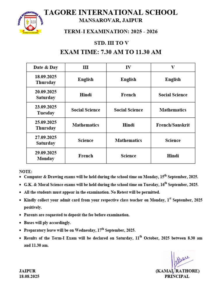 Date Sheet - Mid Term - III To V | PDF