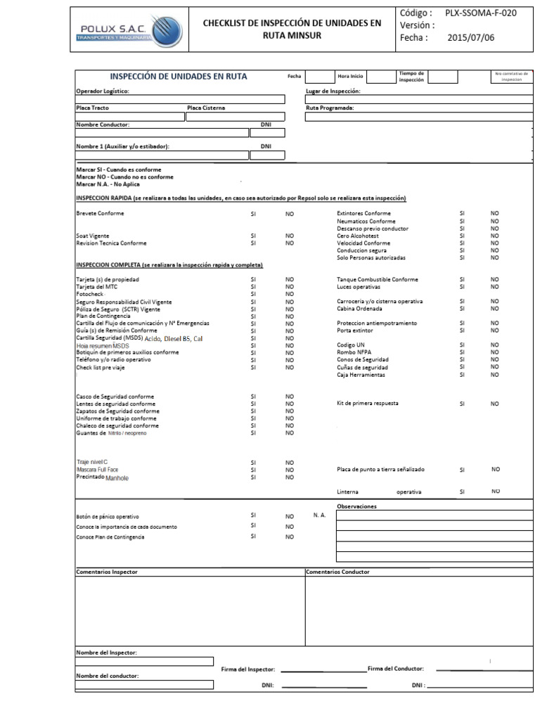 Check List de Inspeccion en Ruta | PDF | Vehículo de motor | Coche