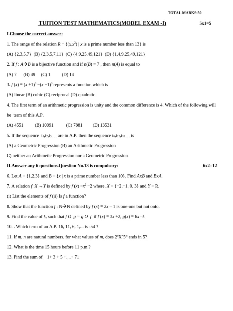 Mathematics Model Exam for Tuition | PDF | Function (Mathematics ...