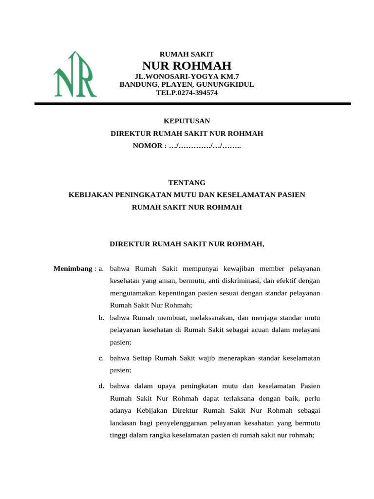 Kebijakan Mutu dan Keselamatan Pasien RS Nur Rohmah | PDF