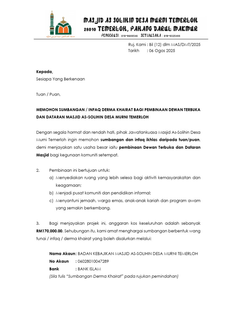 Memohon Sumbangan Infaq Derma Khairat Bagi Pembinaan Dewan Terbuka Dan ...